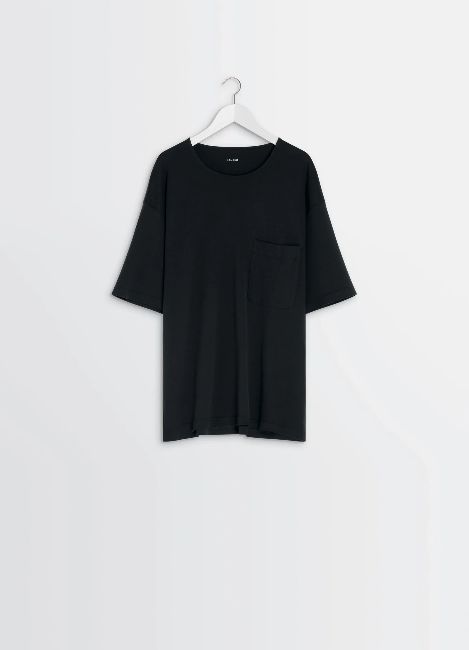 Lemaire casual short-sleeved t-shir in black cotton and silk-blend jersey, product shot, hanger front view simple cut with ch