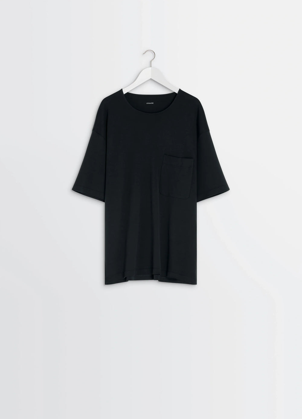 Lemaire Casual Short-Sleeved T-Shir in Black Cotton and Silk-Blend Jersey, product shot, hanger front view simple cut with ch