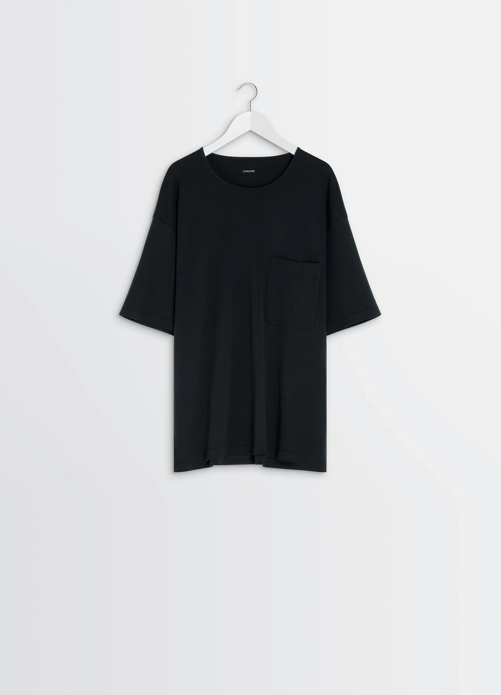 Lemaire Casual Short-Sleeved T-Shir in Black Cotton and Silk-Blend Jersey, product shot, hanger front view simple cut with ch