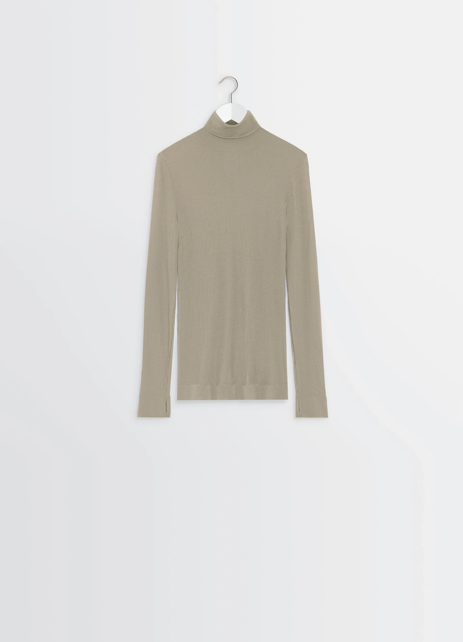 Lemaire seamless short sleeves high in heather ribbed merino wool, product shot, hanging view ribbed texture