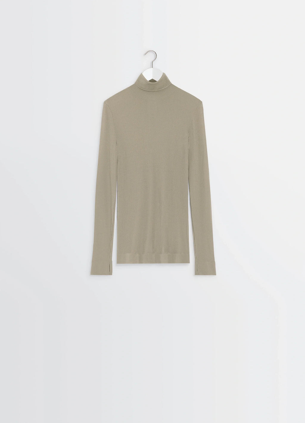 Lemaire Seamless Short Sleeves High in Heather Ribbed Merino Wool, product shot, hanging view ribbed texture