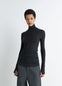 Lemaire Seamless High Neck Top in Black Finely Ribbed Merino Wool, model shot, Front view Fitted cut