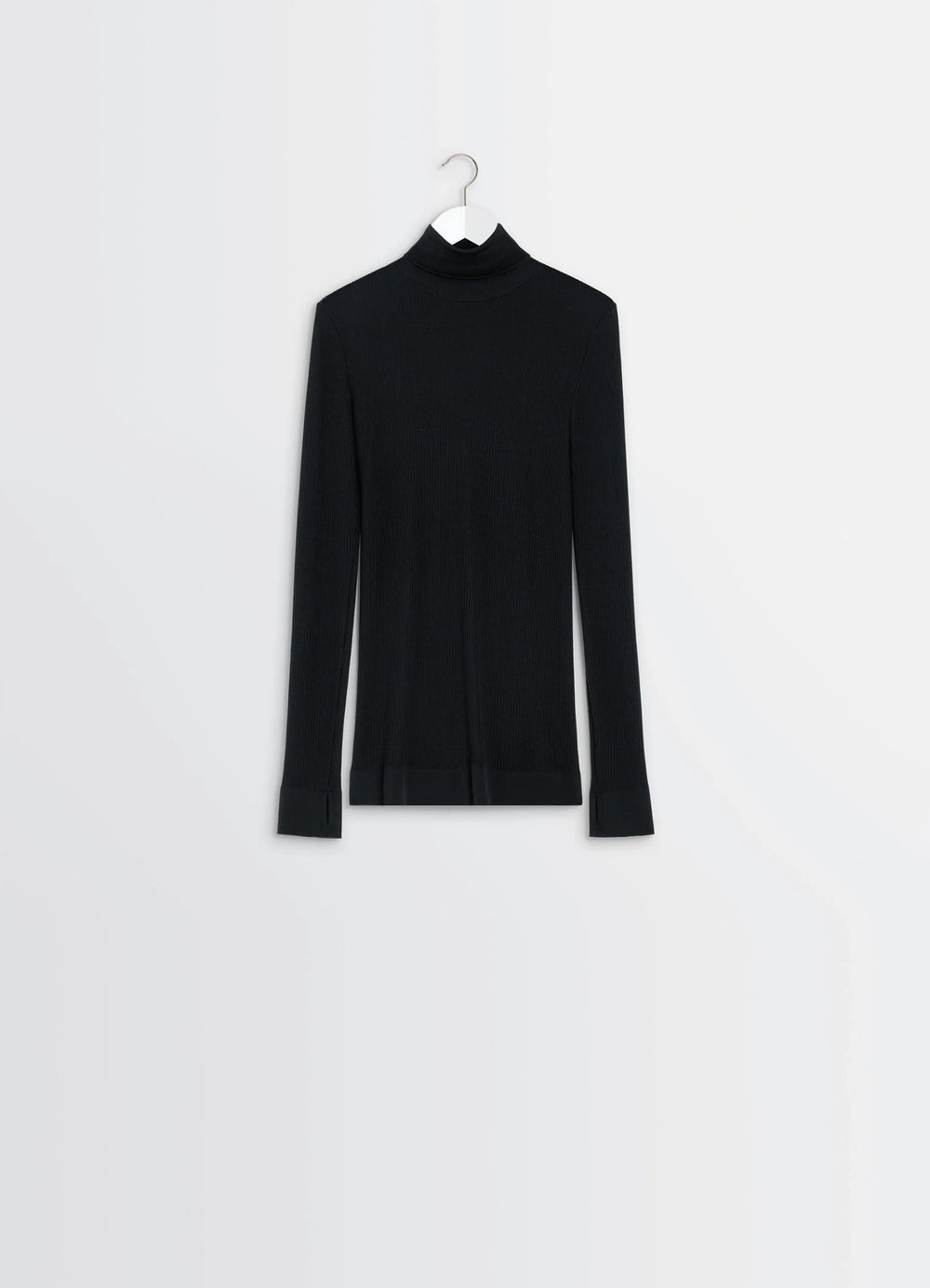 Lemaire Seamless High Neck Top in Black Finely Ribbed Merino Wool, product shot, back view long sleeve seamless design