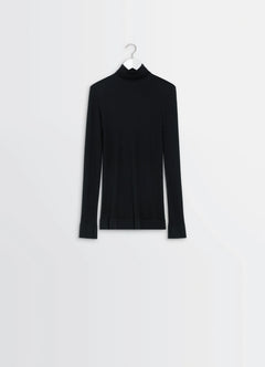 Lemaire Seamless High Neck Top in Black Finely Ribbed Merino Wool, product shot, back view long sleeve seamless design
