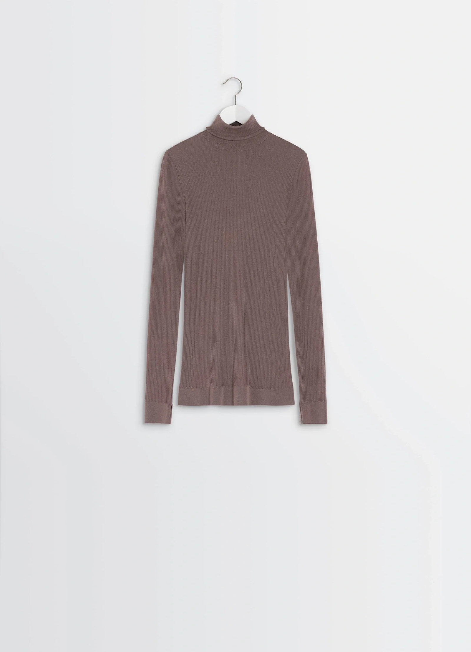 Lemaire seamless high neck top in ribbed merino wool, product shot, back view ribbed texture visible
