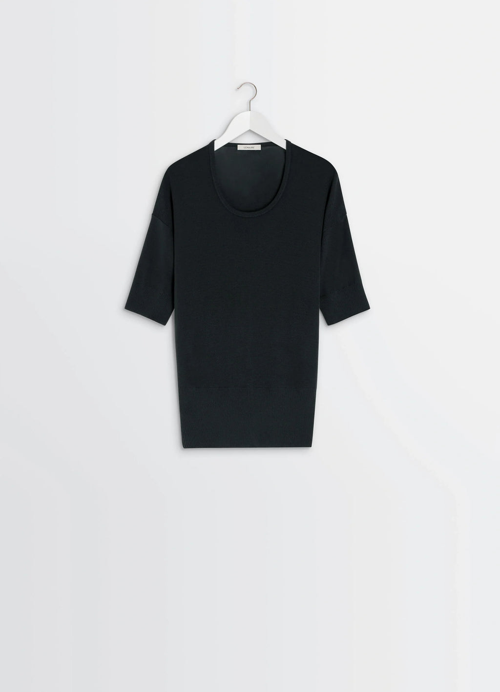 Lemaire Short Sleeves Top in Black Ribbed Merino Wool, product shot, hanging front view scoop neckline