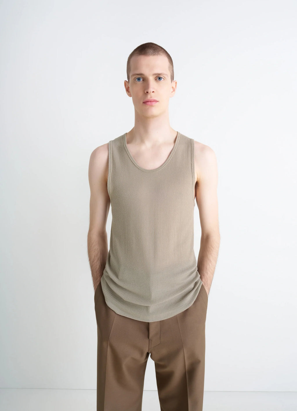 Lemaire Ribbed Merino Tank Top in Fine Ribbed Merino Wool, model shot, Front view Fitted cut