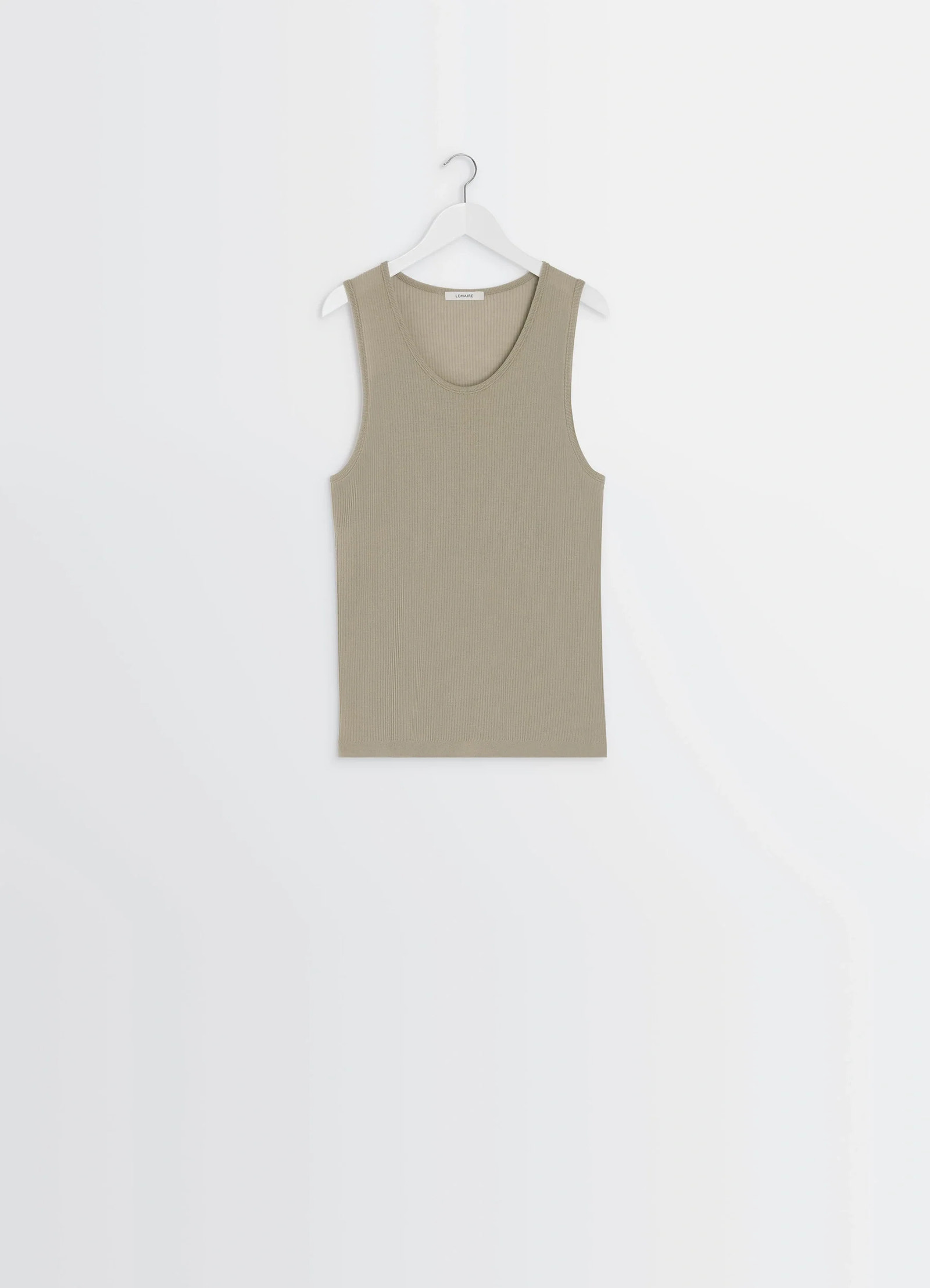 Lemaire ribbed merino tank top in fine ribbed merino wool, product shot, hung display view crew neckline design