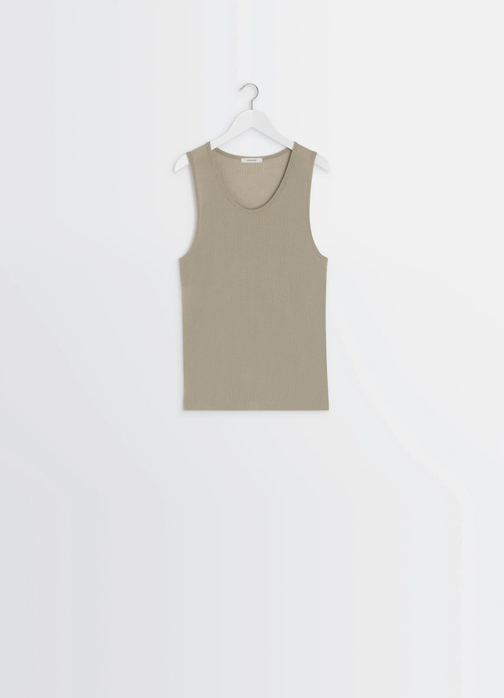Lemaire Ribbed Merino Tank Top in Fine Ribbed Merino Wool, product shot, hung display view crew neckline design