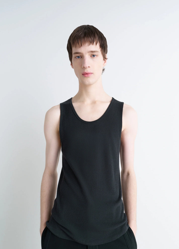 Lemaire Debardeur Tank Top in Ribbed Merino Wool, model shot, Front view Fitted cut