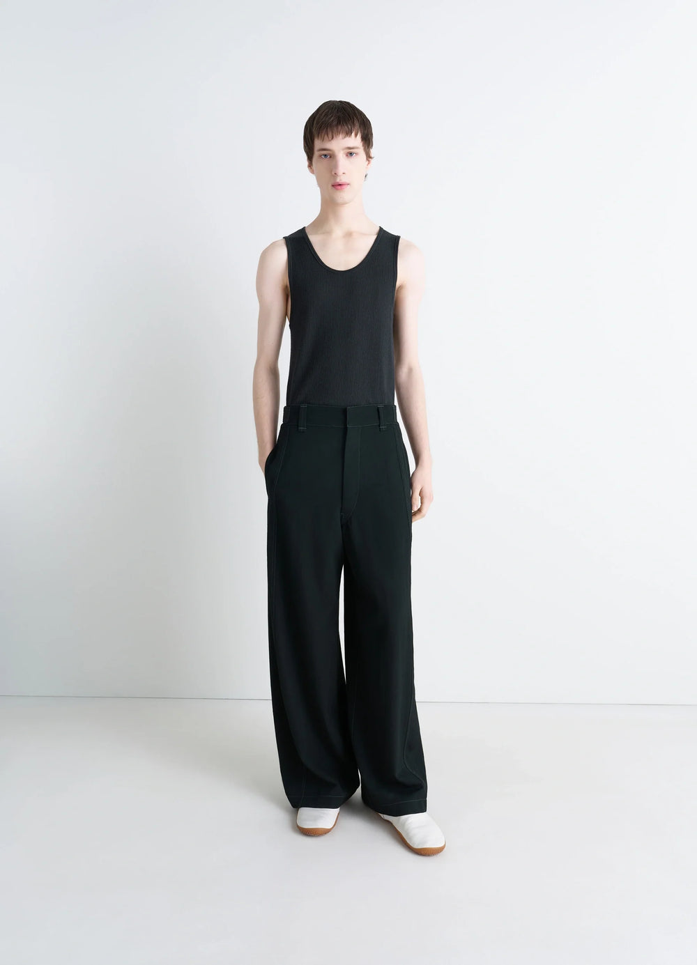 Lemaire Debardeur Tank Top in Ribbed Merino Wool, model shot, side view sleeveless design