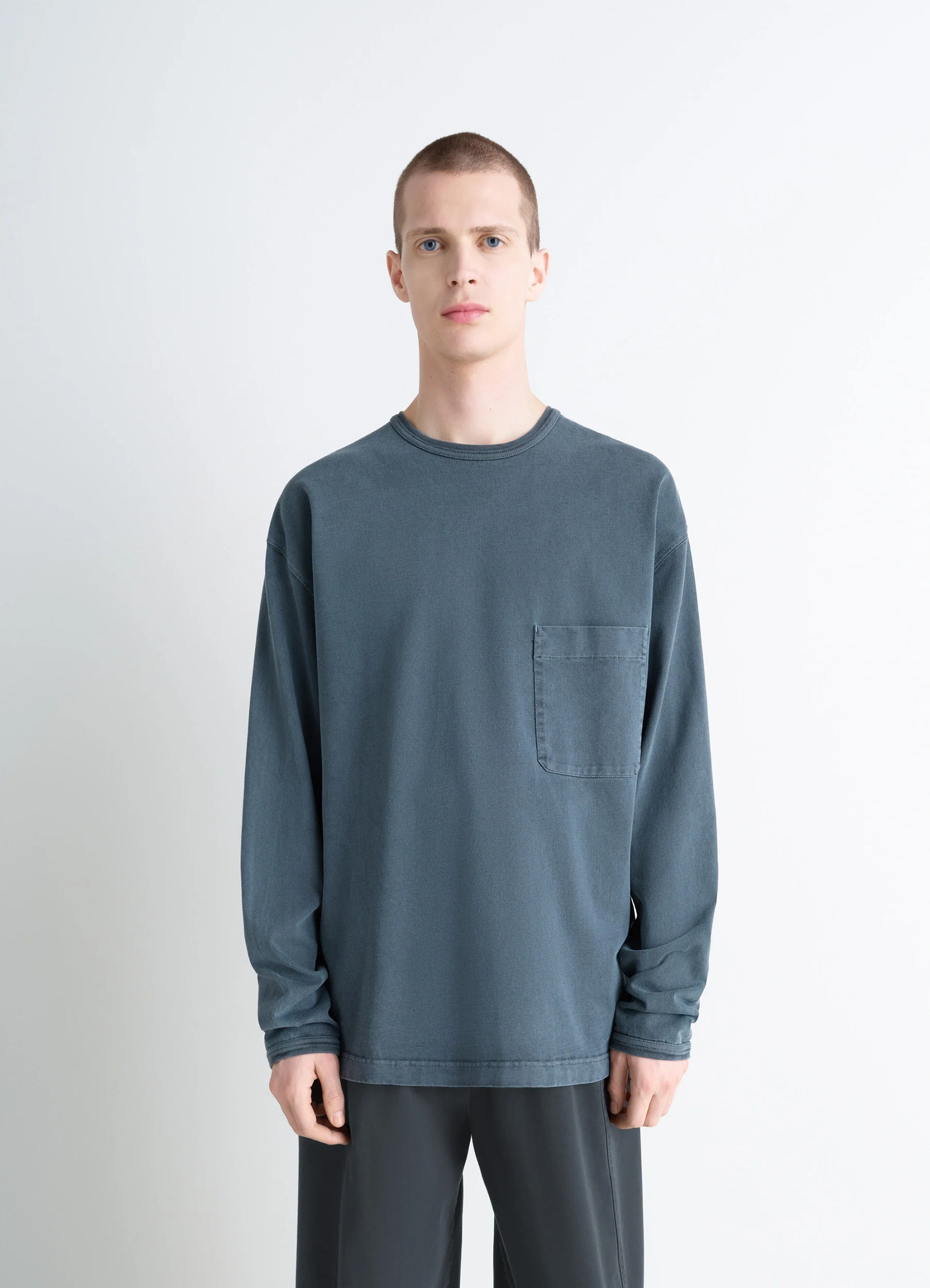 Lemaire long sleeve t-shirt in cotton jersey, model shot, front view chest pocket relaxed fit