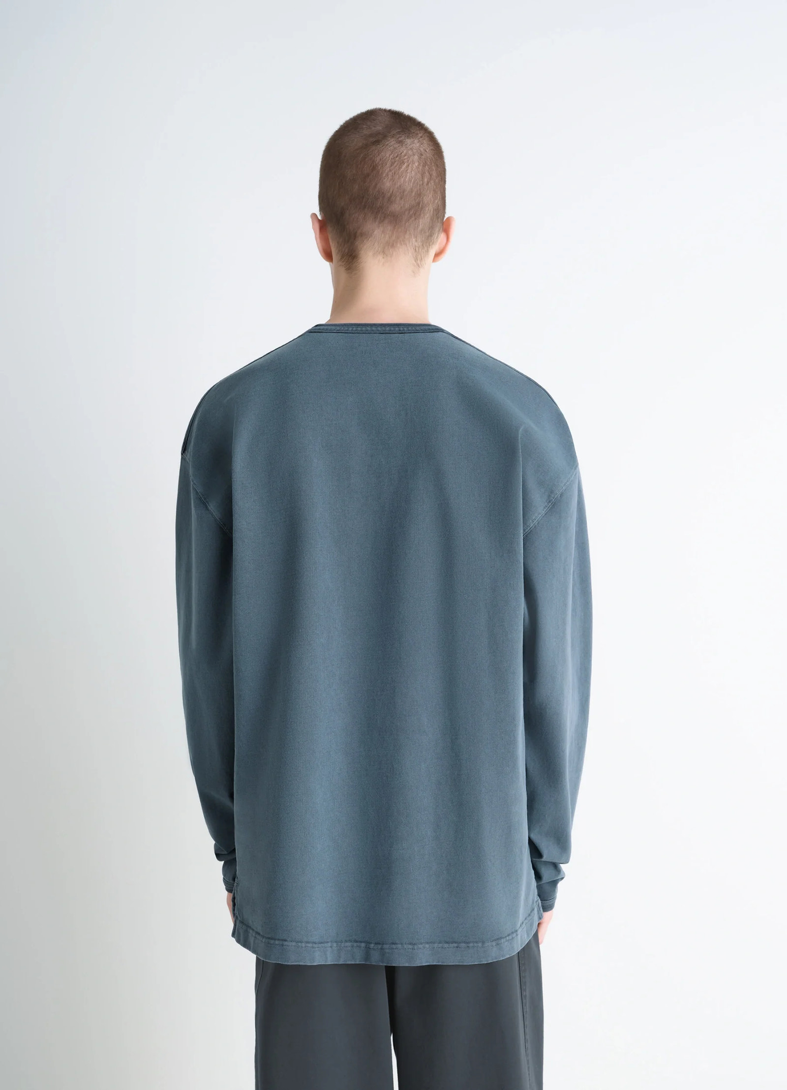 Lemaire long sleeve t-shirt in cotton jersey, model shot, back view dropped shoulder seam