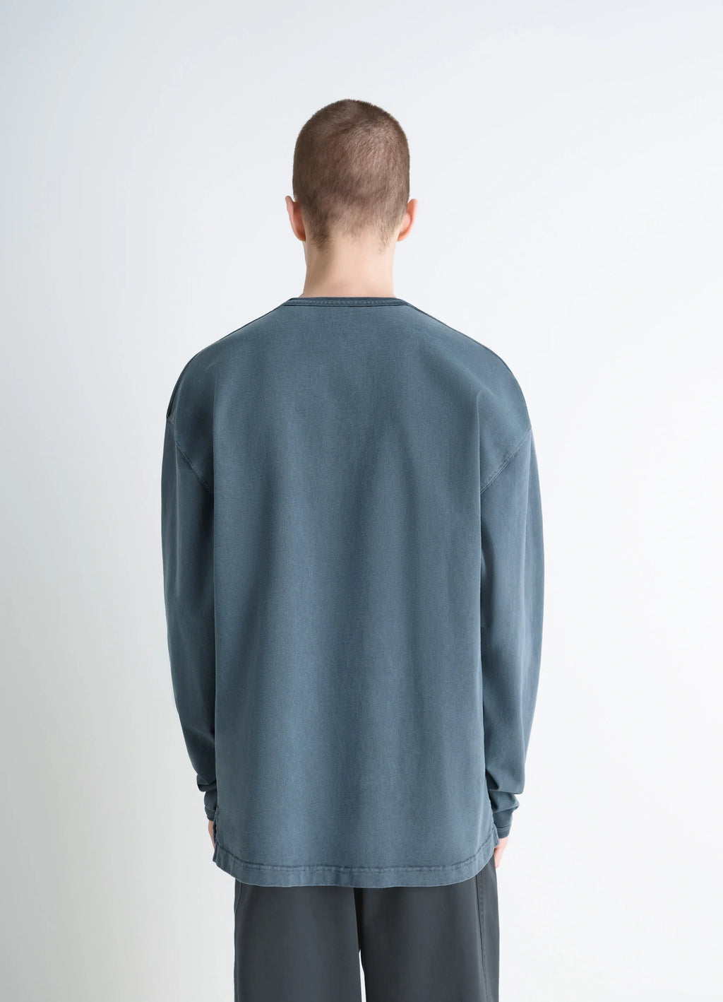 Lemaire Long Sleeve T-Shirt in Cotton Jersey, model shot, back view dropped shoulder seam