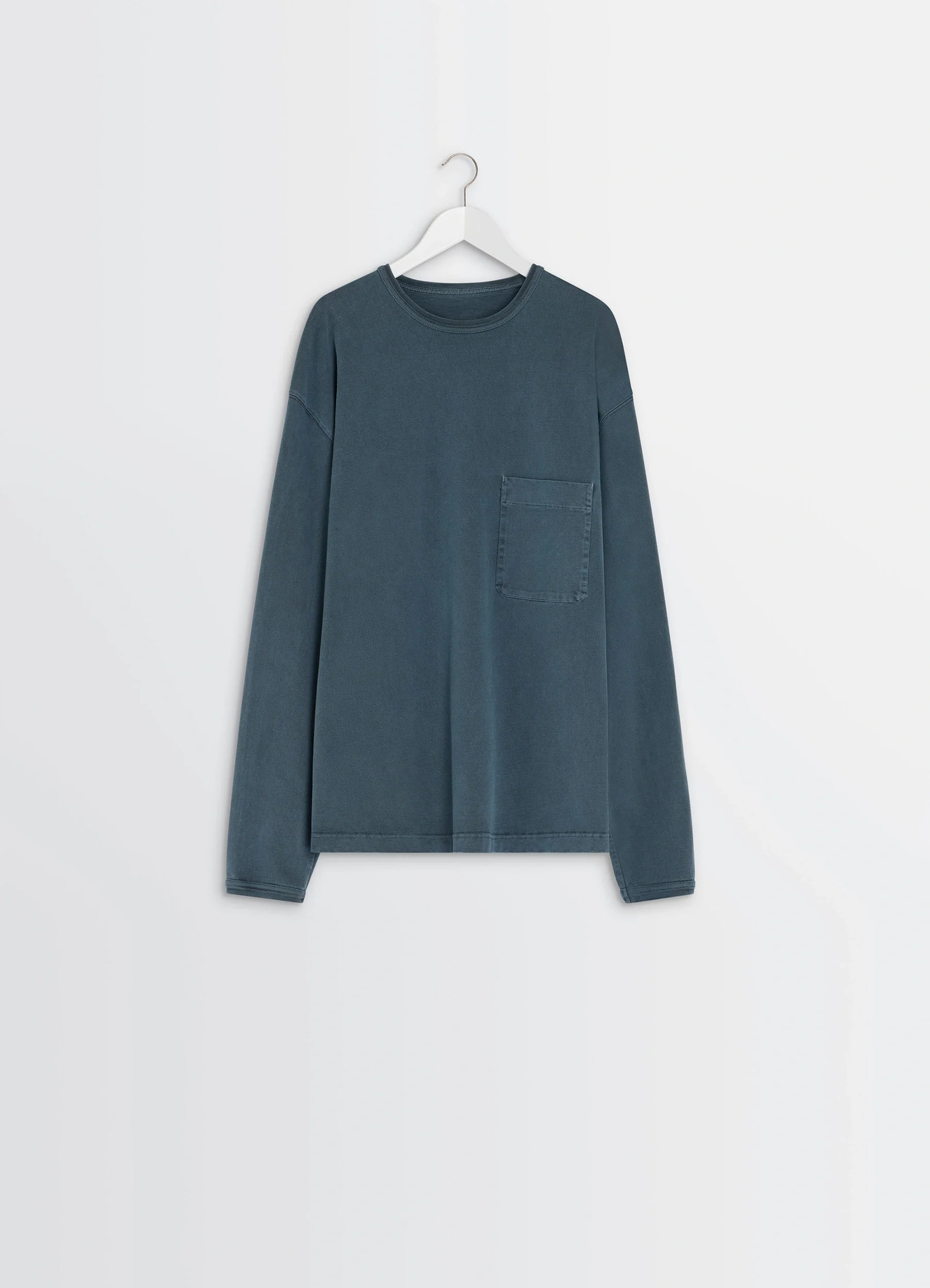 Lemaire long sleeve t-shirt in cotton jersey, product shot, hanging display view straight hem detail