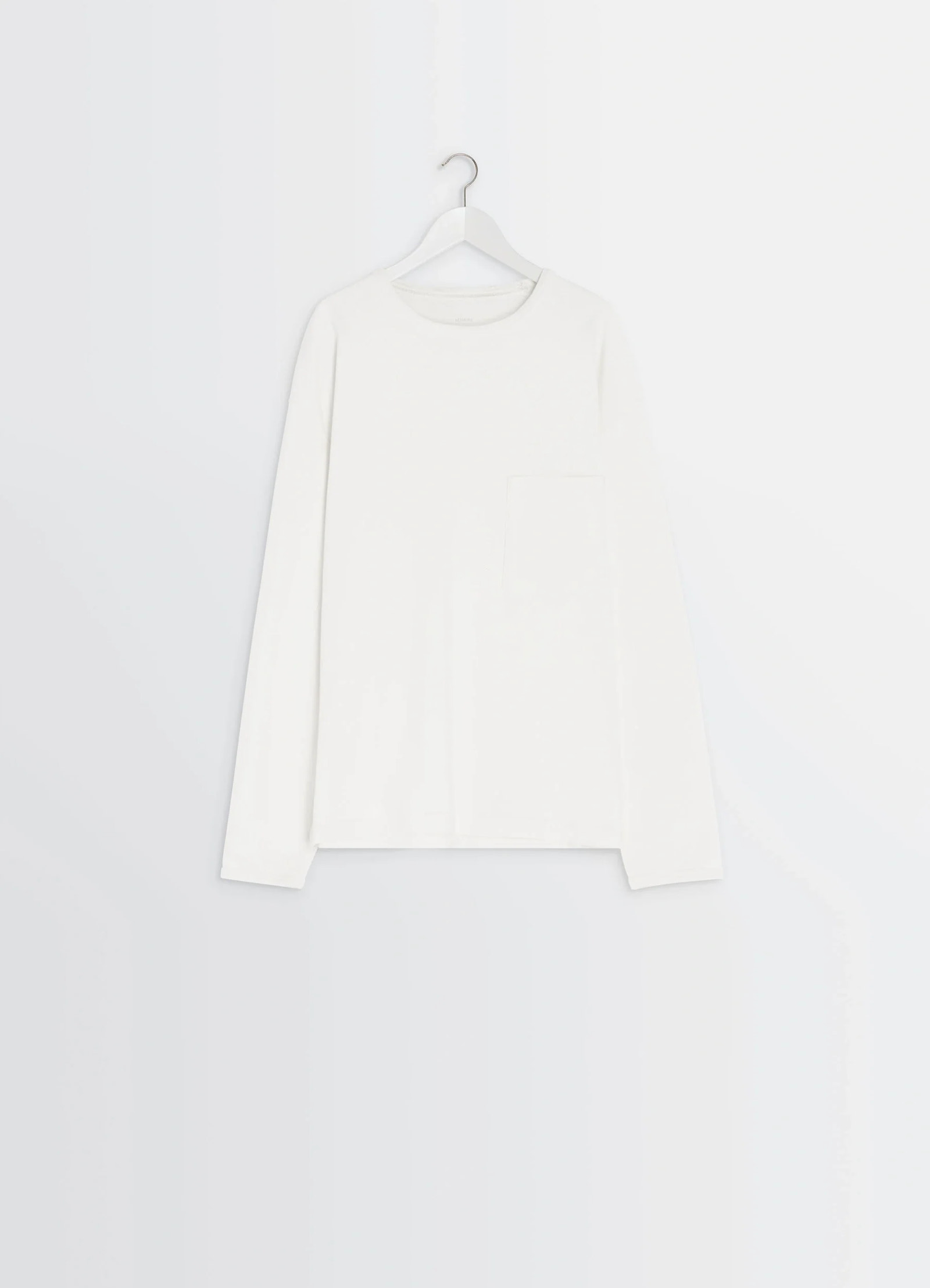 Lemaire long sleeve t-shirt in cotton jersey soft patina, product shot, detail shot from above hanging on a hanger