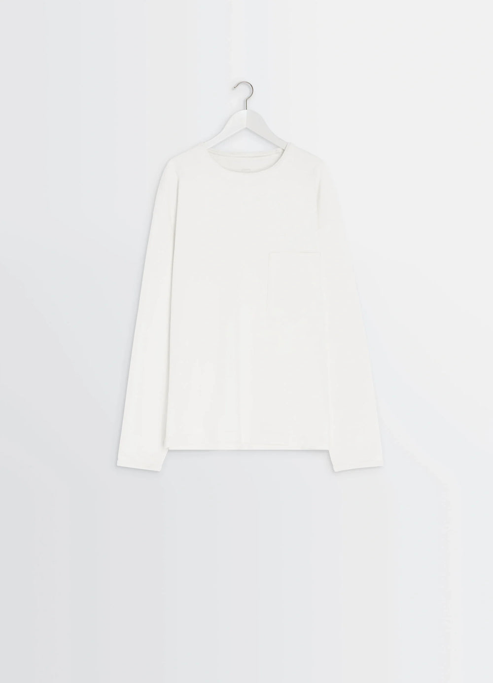 Lemaire Long Sleeve T-Shirt in Cotton Jersey Soft Patina, product shot, detail shot from above hanging on a hanger