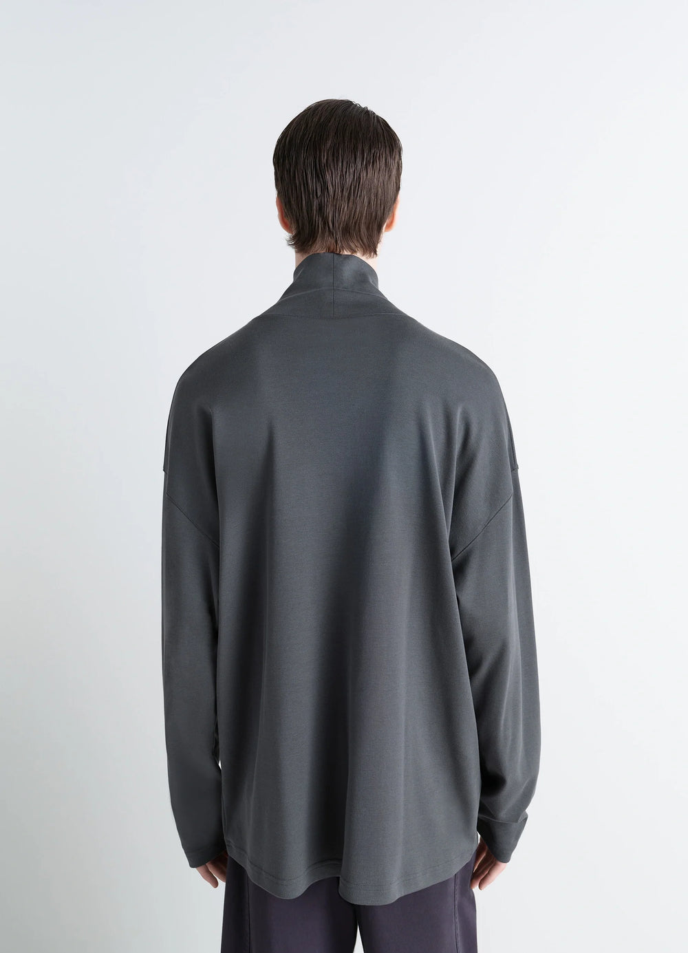 Lemaire Relaxed Mock Neck T-shirt in Dark Gray Cotton Silk-blend, model shot, back view loose fit draped back