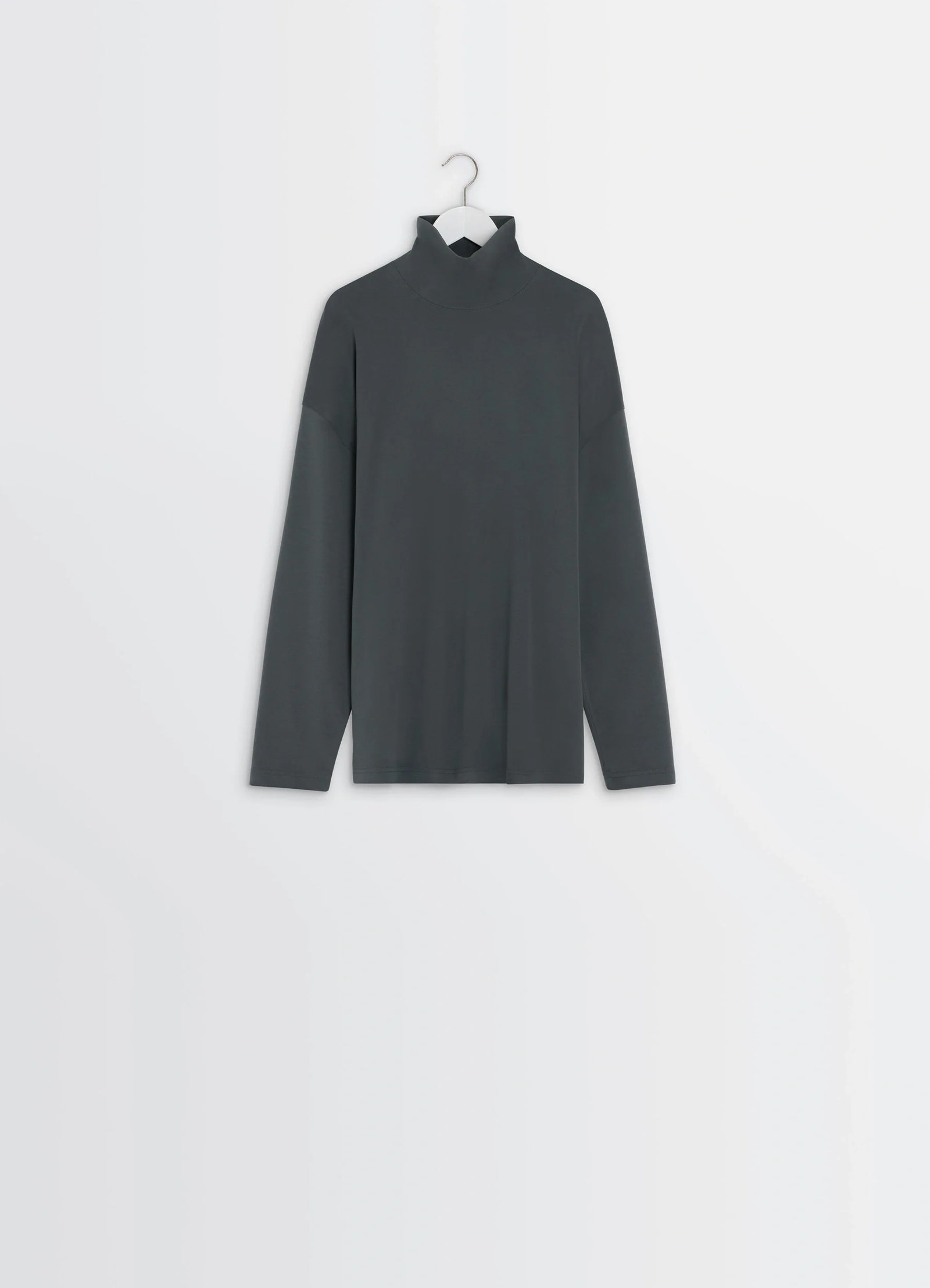Lemaire relaxed mock neck t-shirt in dark gray cotton silk-blend, product shot, side hanging view minimalist straight hem