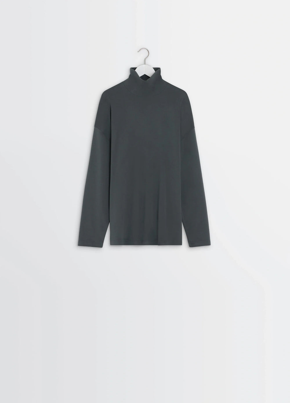 Lemaire Relaxed Mock Neck T-shirt in Dark Gray Cotton Silk-blend, product shot, side hanging view minimalist straight hem