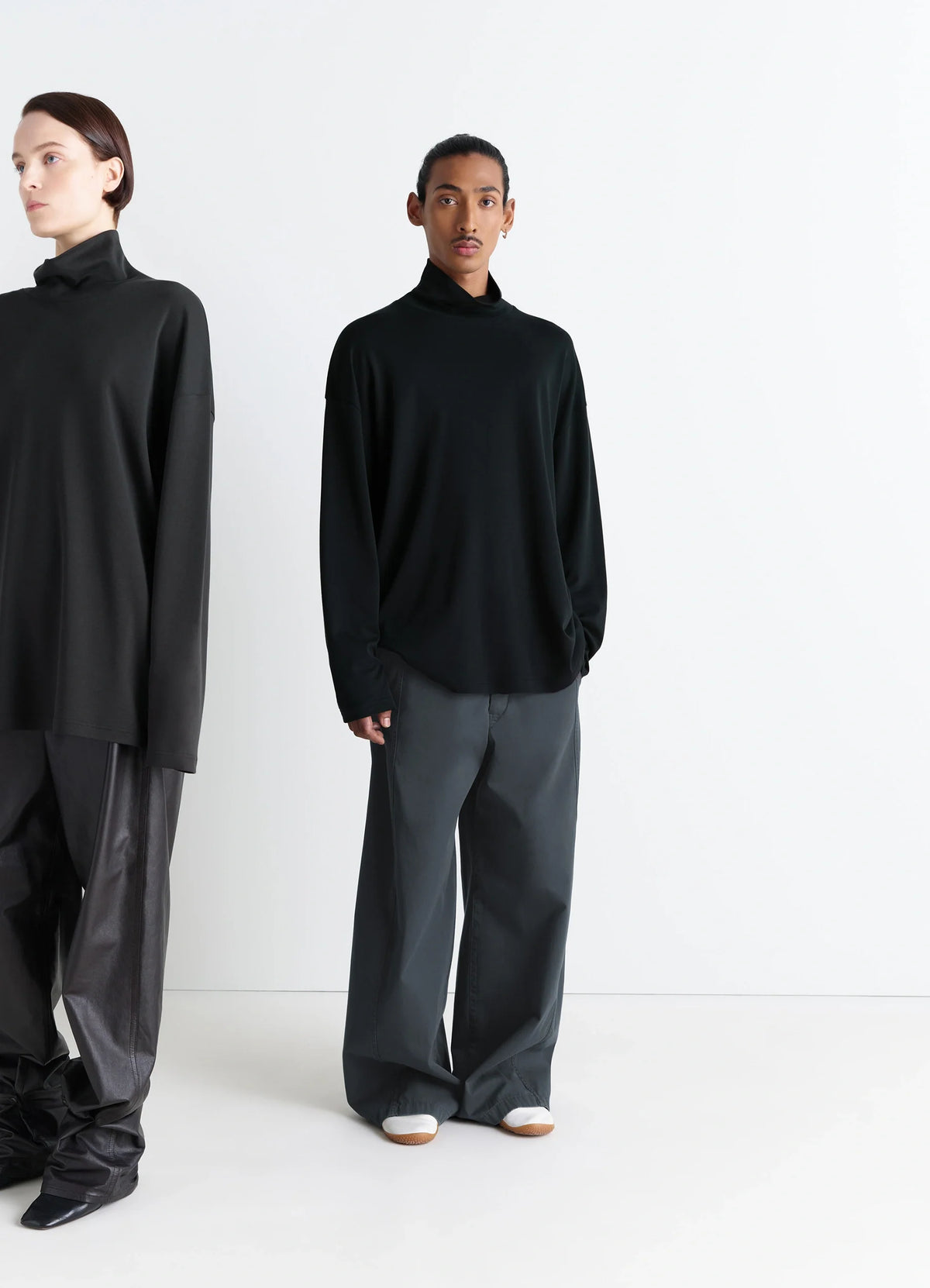 Lemaire Relaxed Mock Neck T-Shirt in Black Cotton Silk-Blend, model shot, front view relaxed fit