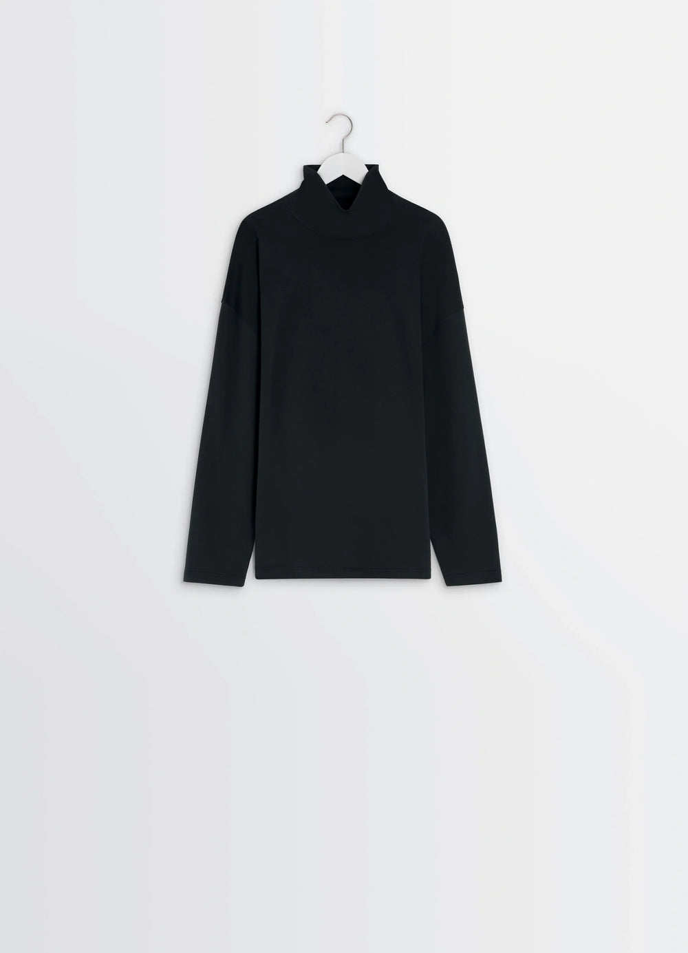 Lemaire Relaxed Mock Neck T-Shirt in Black Cotton Silk-Blend, product shot, hanger display view dropped shoulder seams