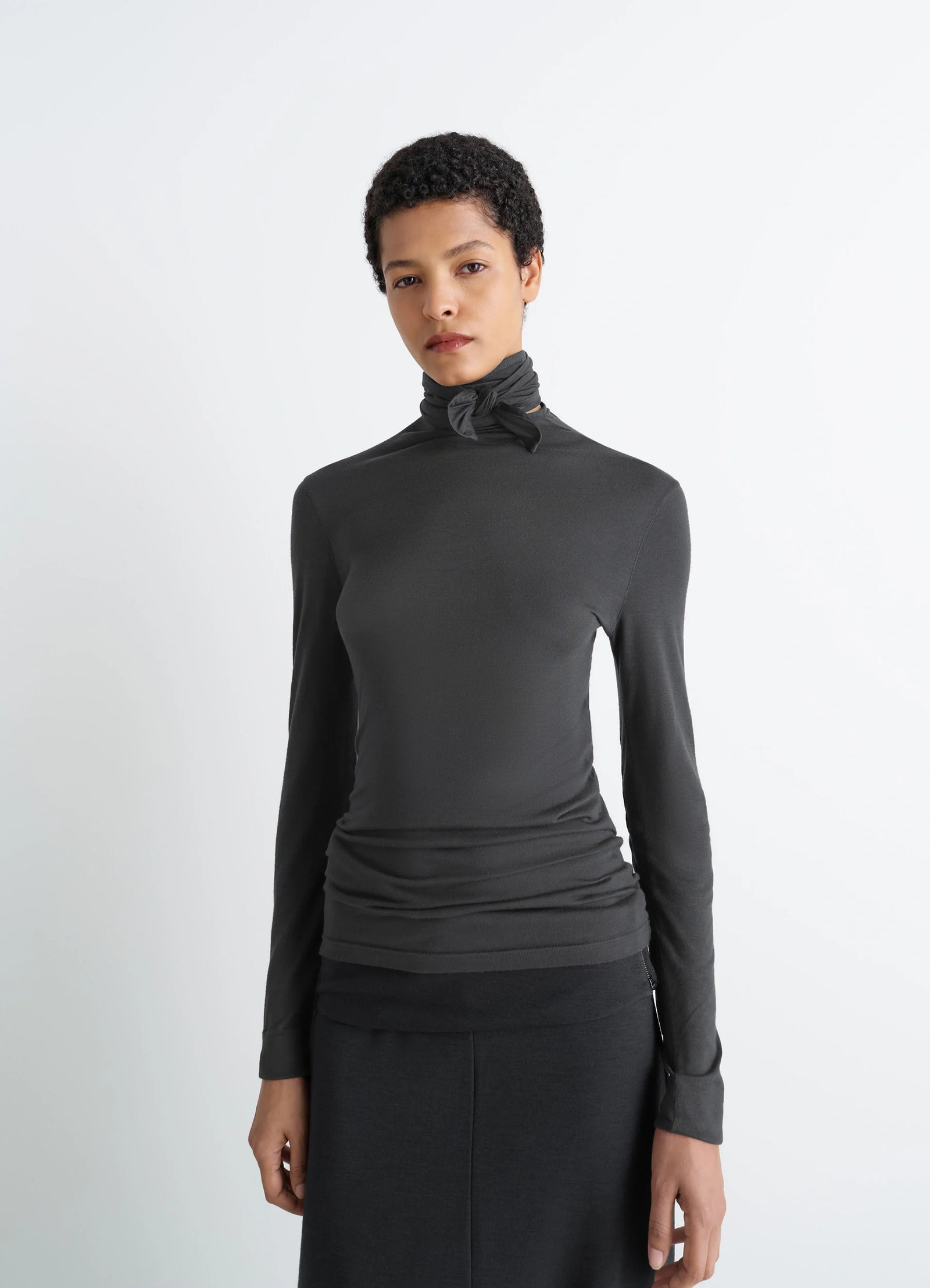 Lemaire foulard top in lightweight viscose silk, model shot, front view scarf neck detail