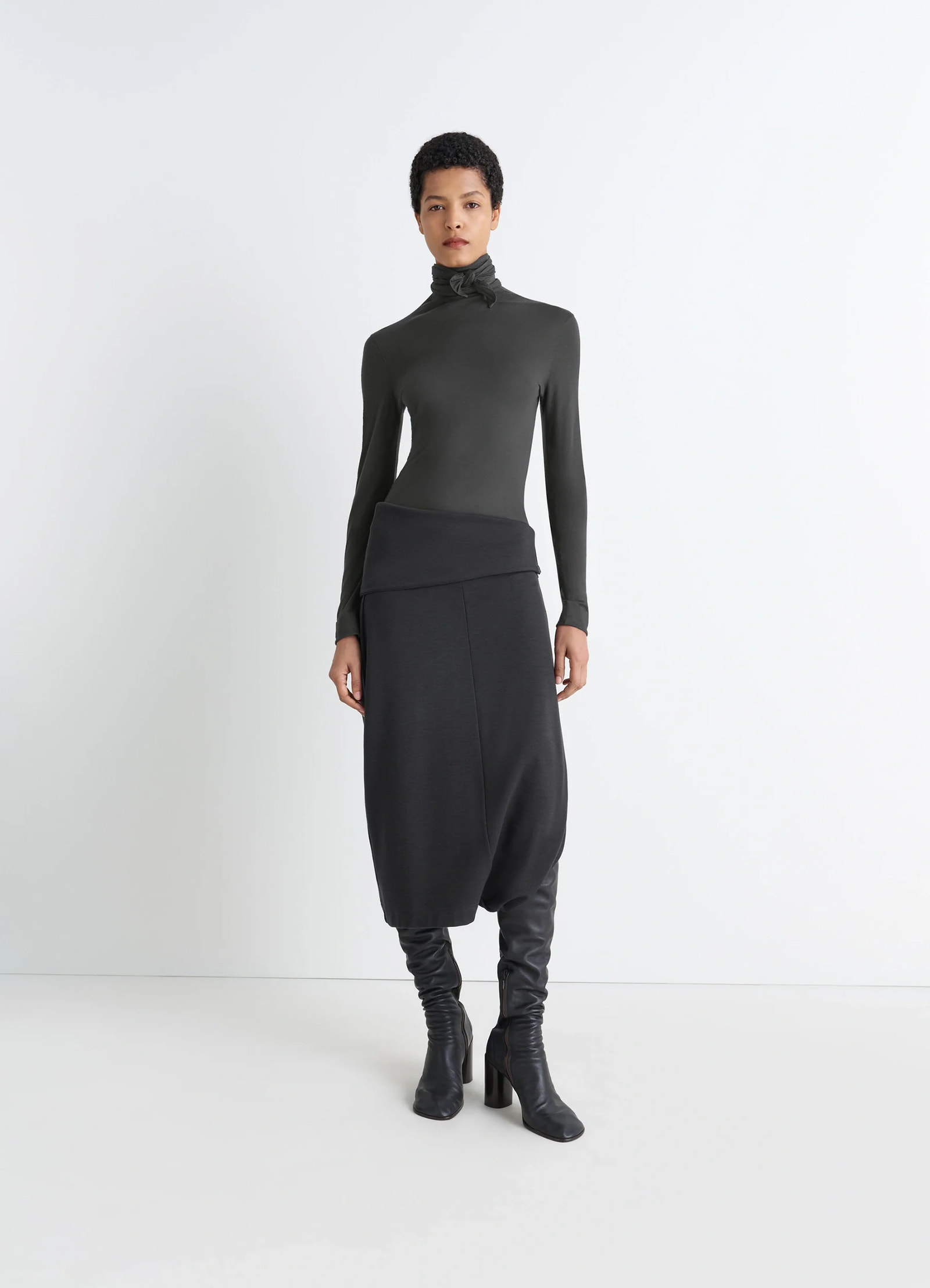 Lemaire foulard top in lightweight viscose silk, model shot, 3/4 view turtleneck detail