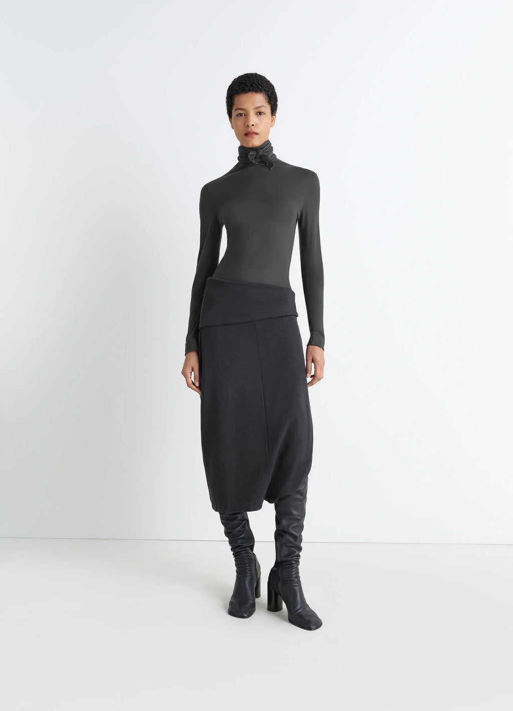 Lemaire Foulard Top in Lightweight Viscose Silk, model shot, 3/4 view turtleneck detail