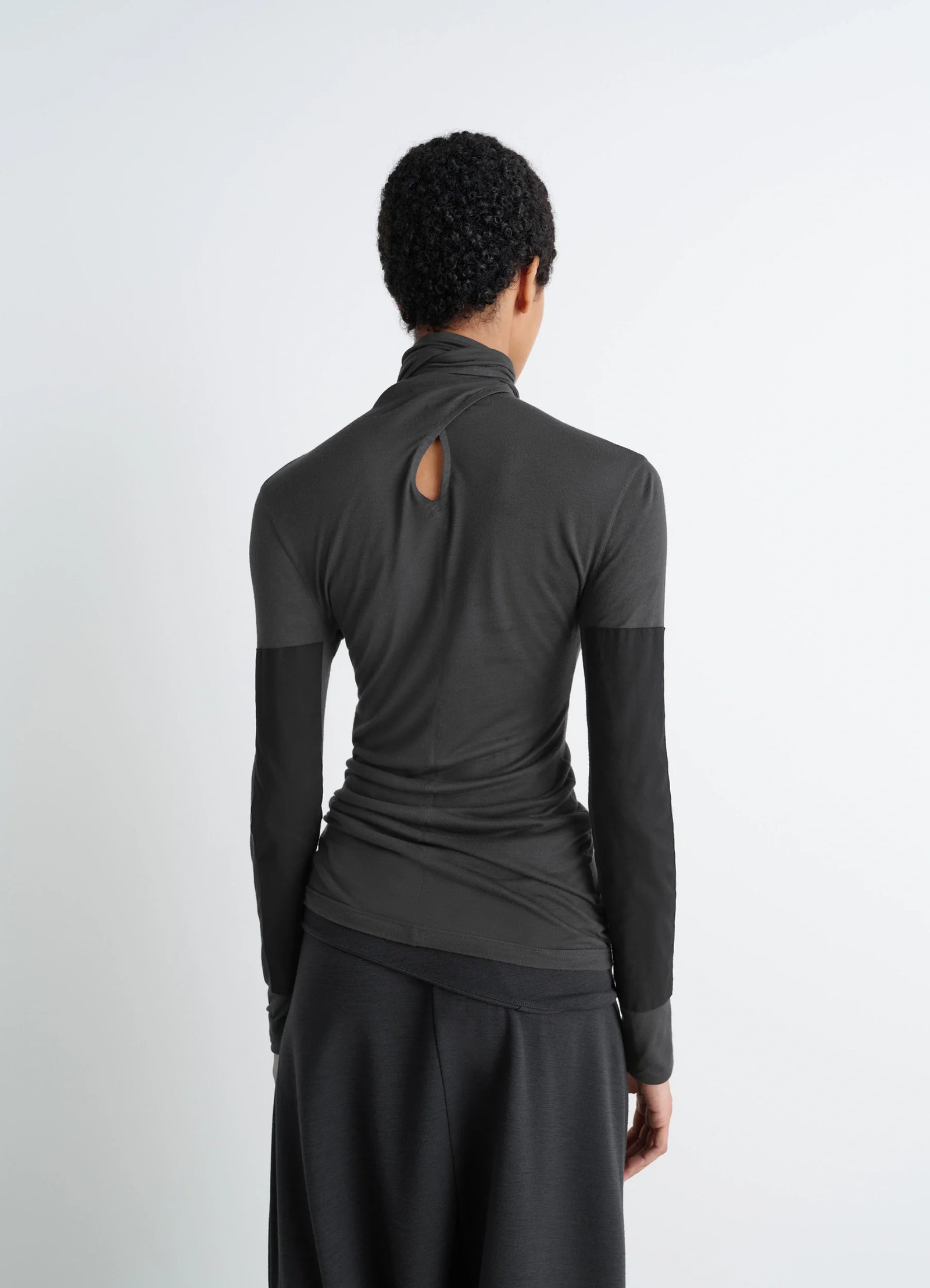 Lemaire foulard top in lightweight viscose silk, model shot, back view open keyhole back