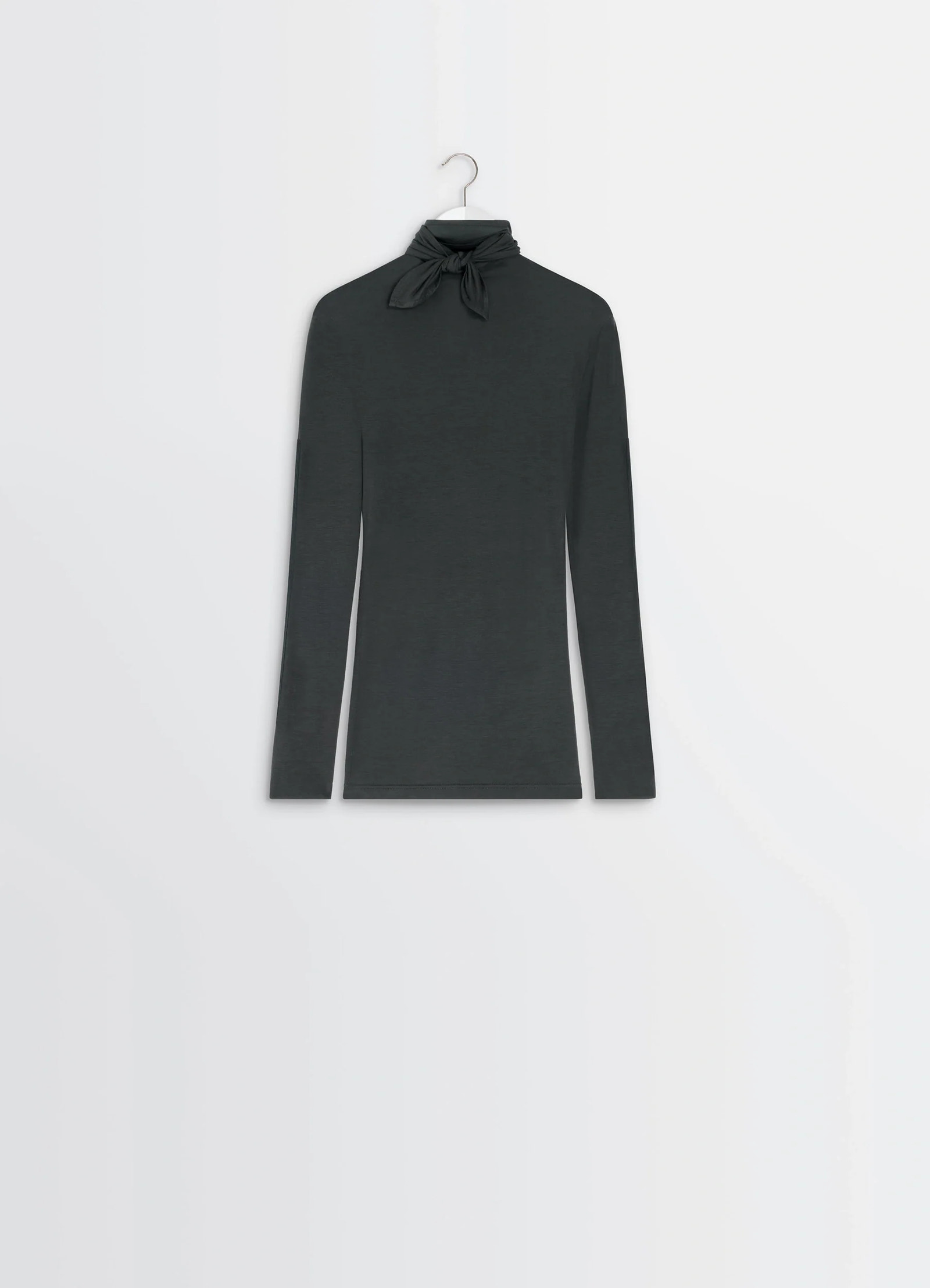 Lemaire foulard top in lightweight viscose silk, product shot, hanging front detail shot scarf tied neck style