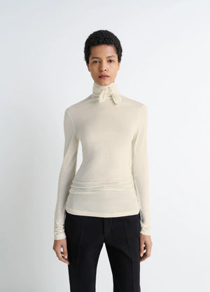 Foulard Top with Patchs in Lightweight Viscose and Silk, model shot, Front view Fitted cut with scarf detail