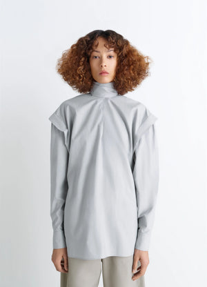 Ascot Blouse in Light Patina Washed Cotton-Silk, model shot, Front view Loose fit, high collar