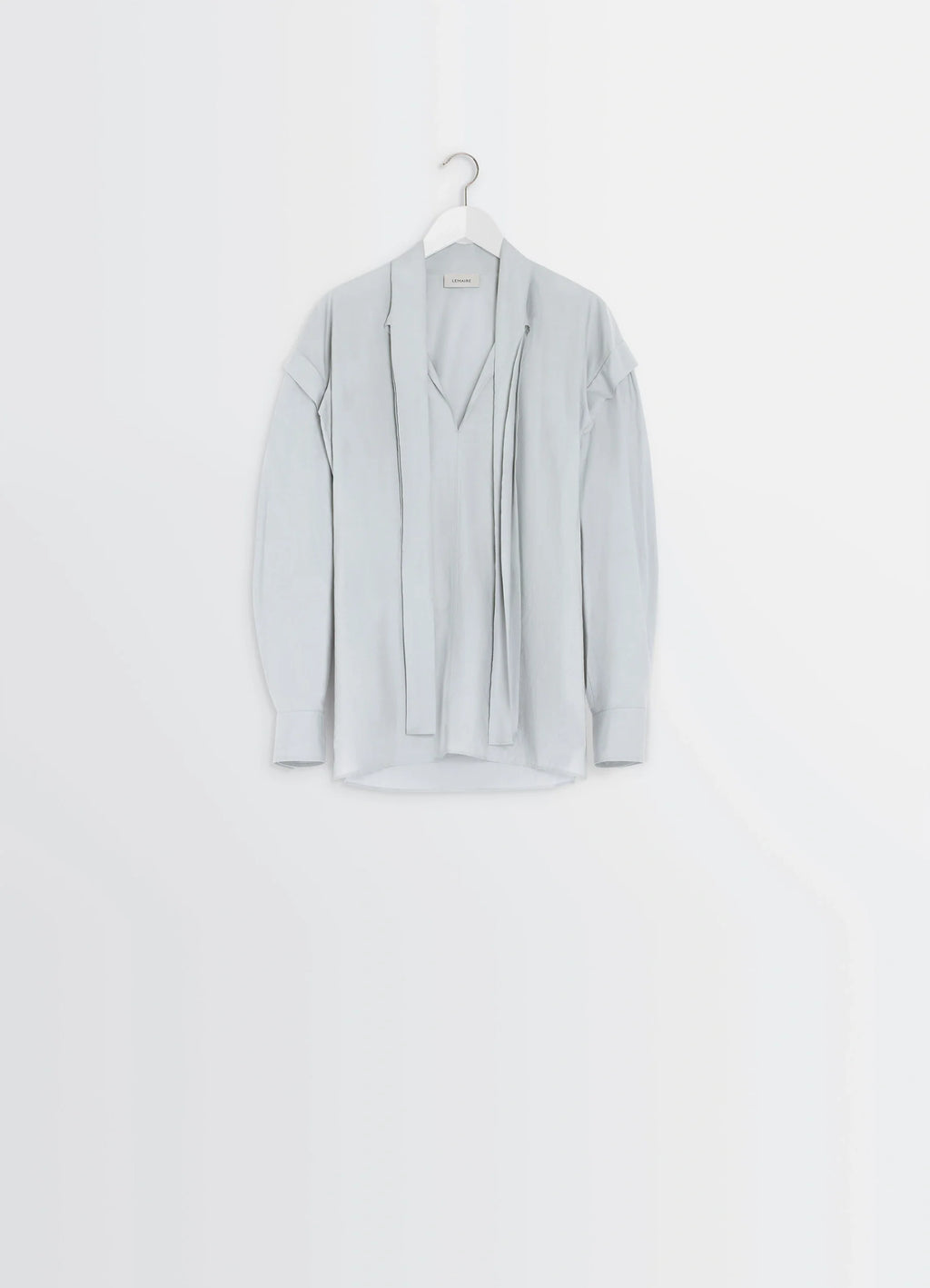 Ascot Blouse in Light Patina Washed Cotton-Silk, product shot, hanger view long tie detail