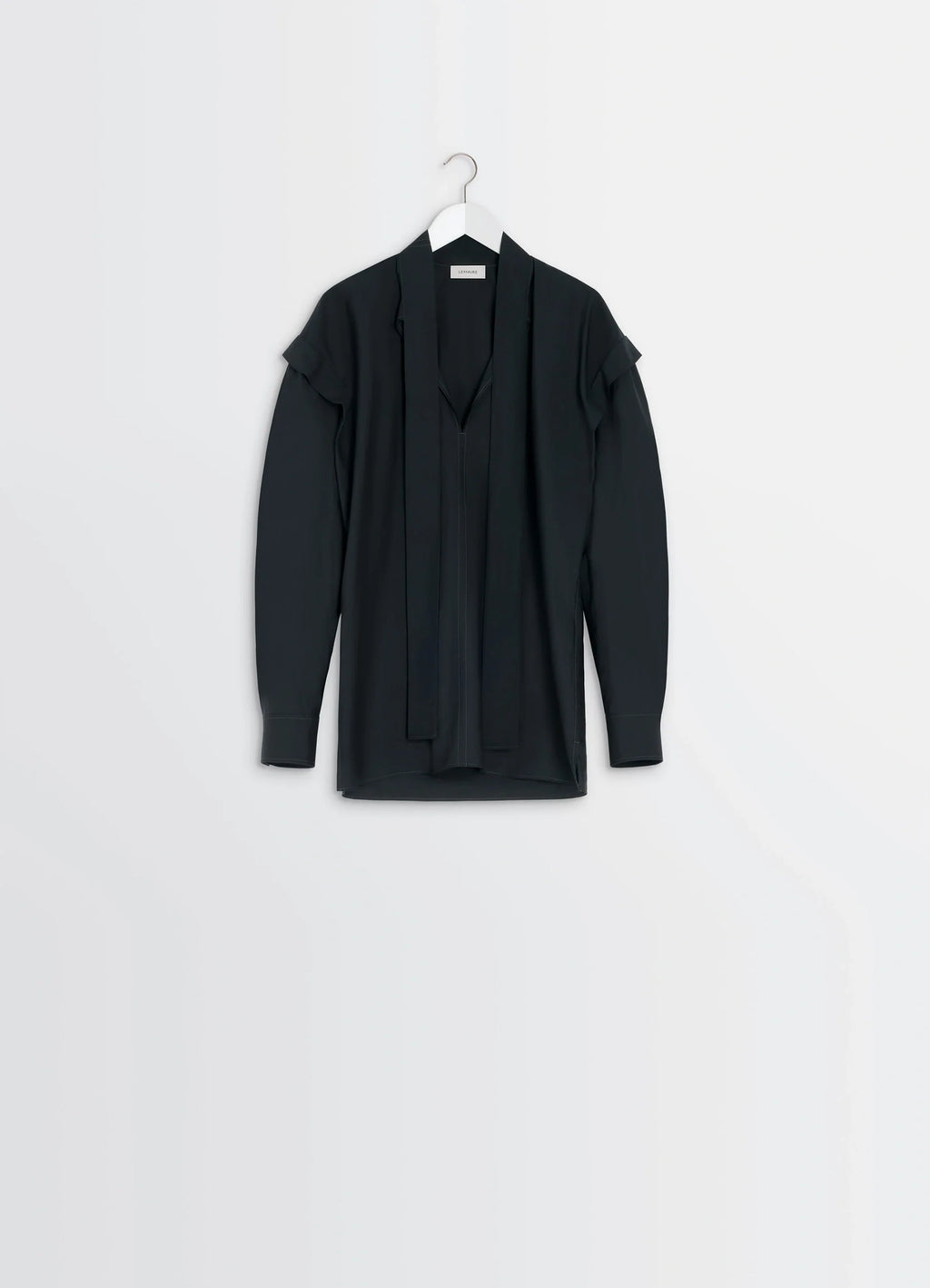 Ascot Blouse in Washed Cotton-Silk Blend, product shot, hanger display view scarf tie, no buttons visible