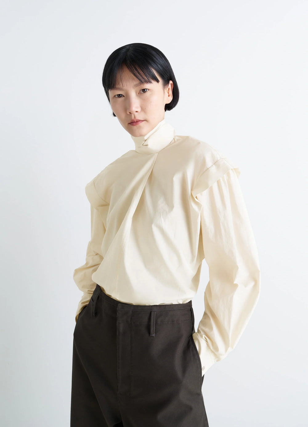 Lemaire Ascot Blouse in Ivory Washed Cotton-Silk, model shot, Front view Loose fit with ascot tie