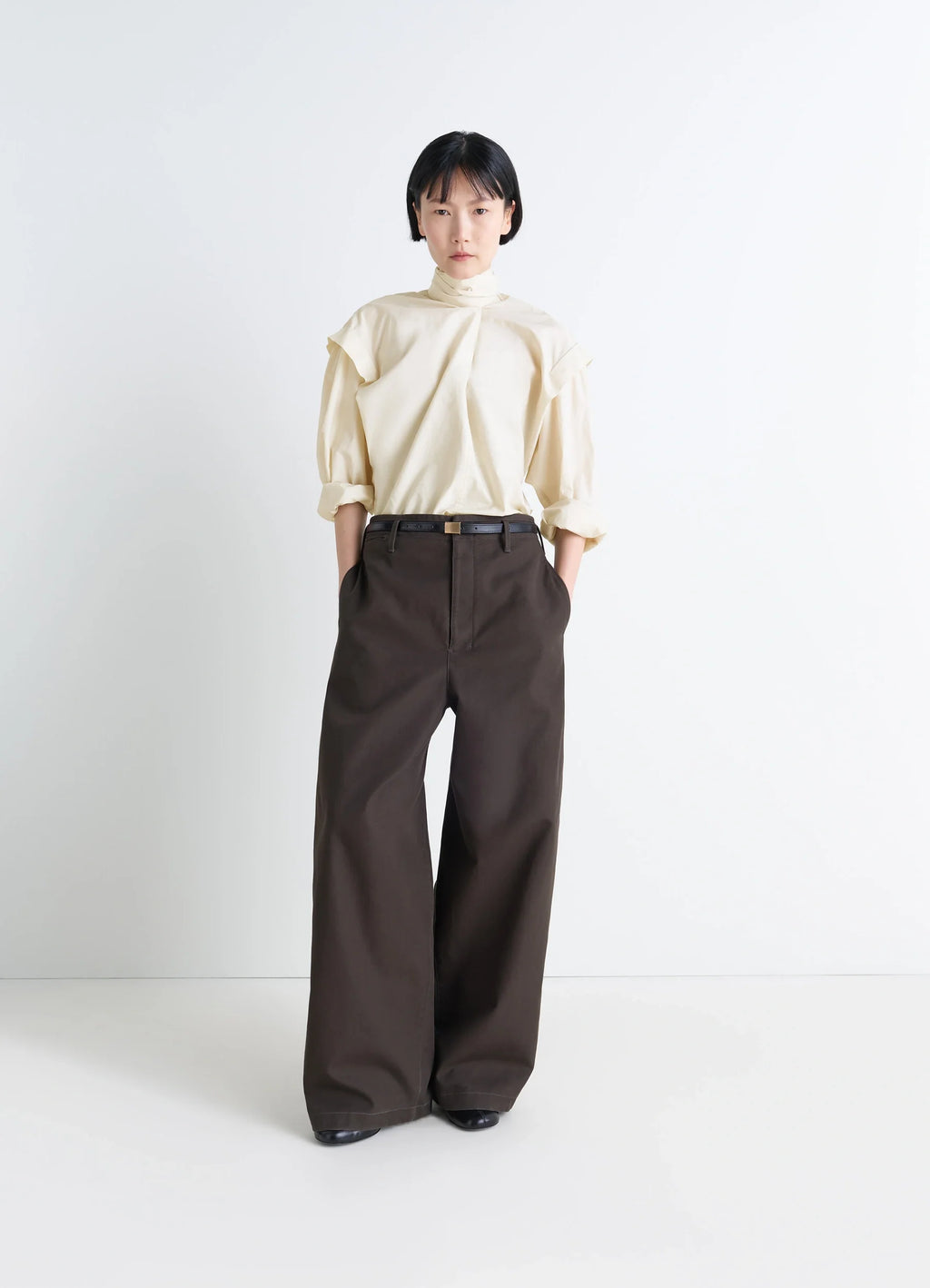 Lemaire Ascot Blouse in Ivory Washed Cotton-Silk, model shot, full body front view ascot tie with wide pants