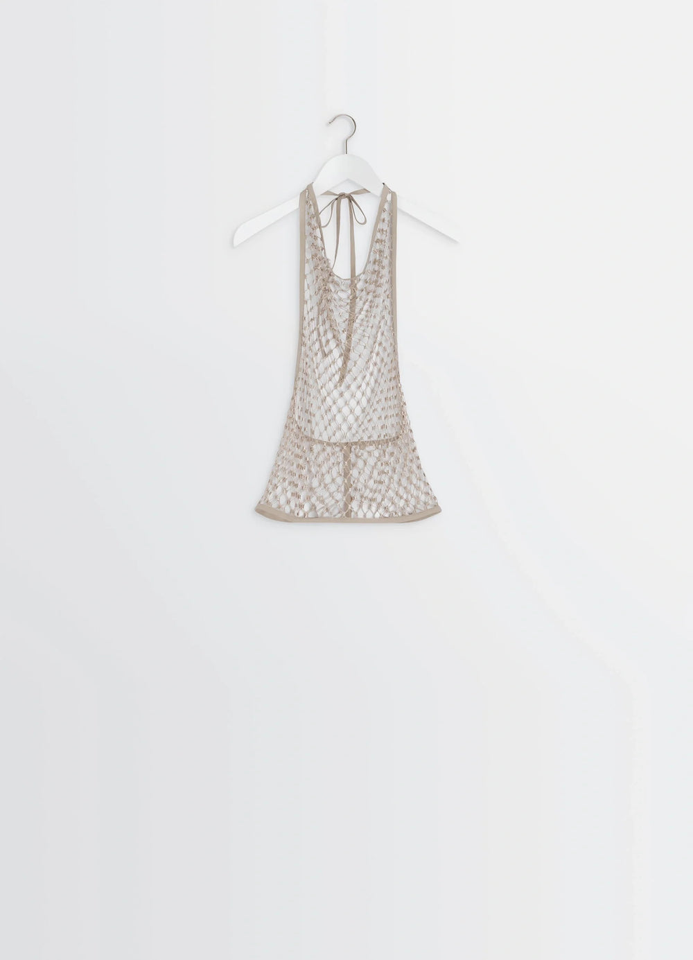 Lemaire Fishnet Halter Top in Cream Fishnet, product shot, back view hanging display