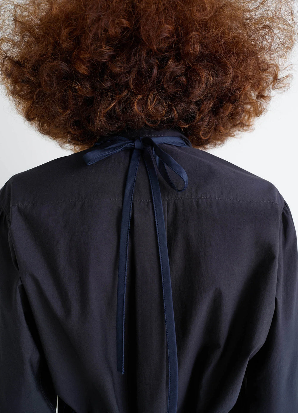 Fishnet Halter Top in Dark Blue Fishnet, model shot, back view tied ribbon detail