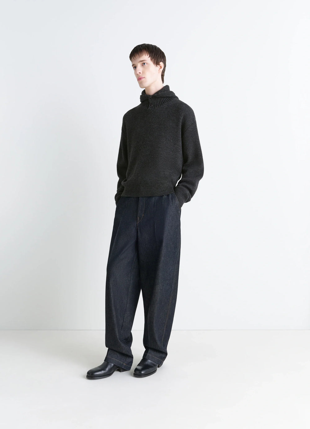 Lemaire Hooded Sweater in Dark Wool and Alpaca, model shot, side view textured knit pattern