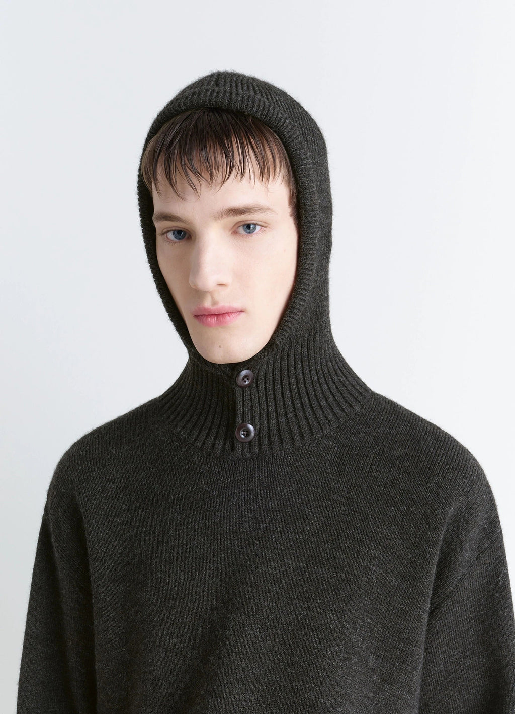 Lemaire Hooded Sweater in Dark Wool and Alpaca, model shot, close-up view buttoned high neck