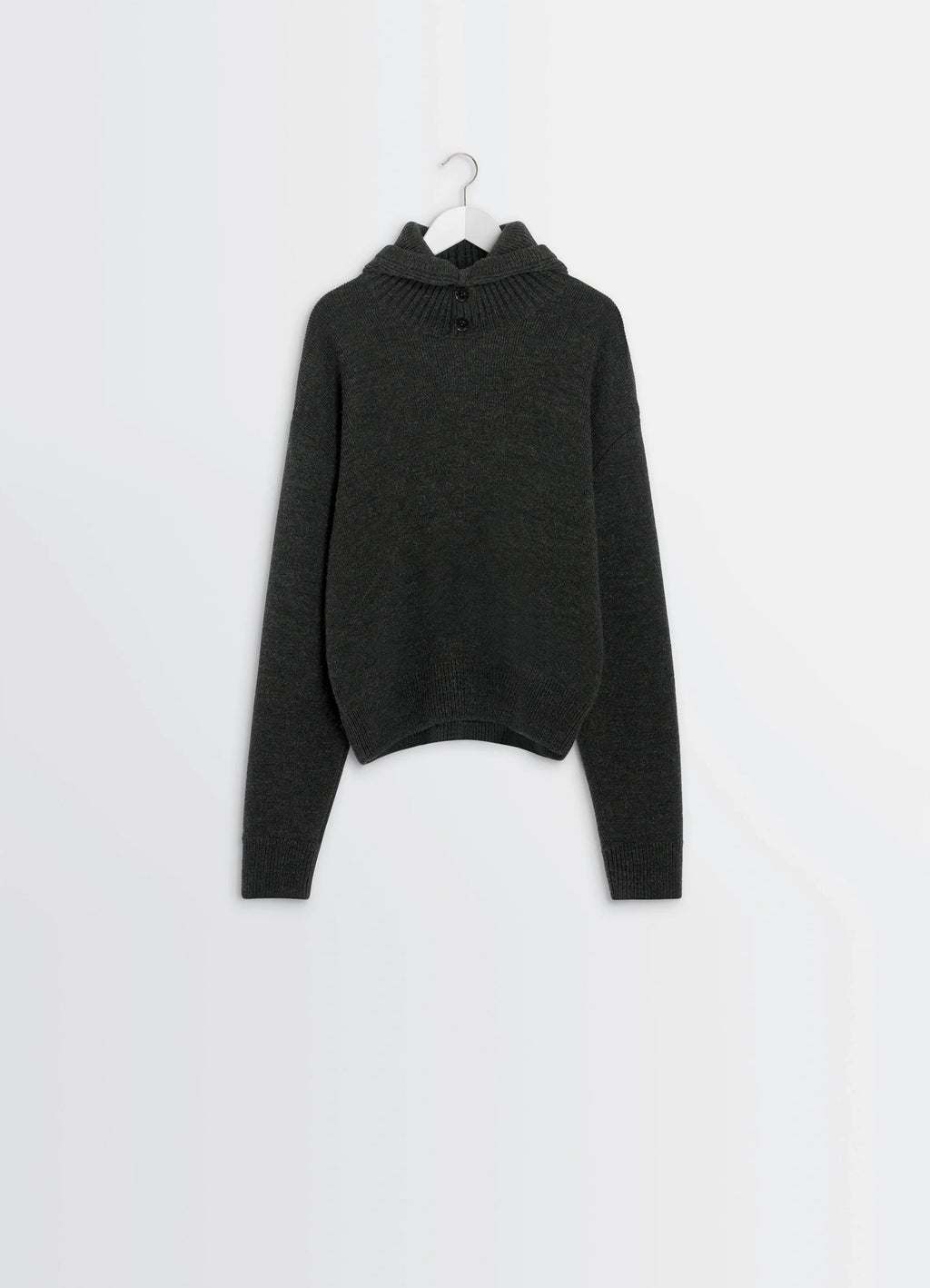 Lemaire Hooded Sweater in Dark Wool and Alpaca, product shot, hanging view ribbed cuffs, hem