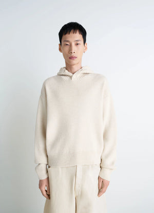 Lemaire Hooded Sweater in Cream Wool Alpaca, model shot, Front view Button-down relaxed fit