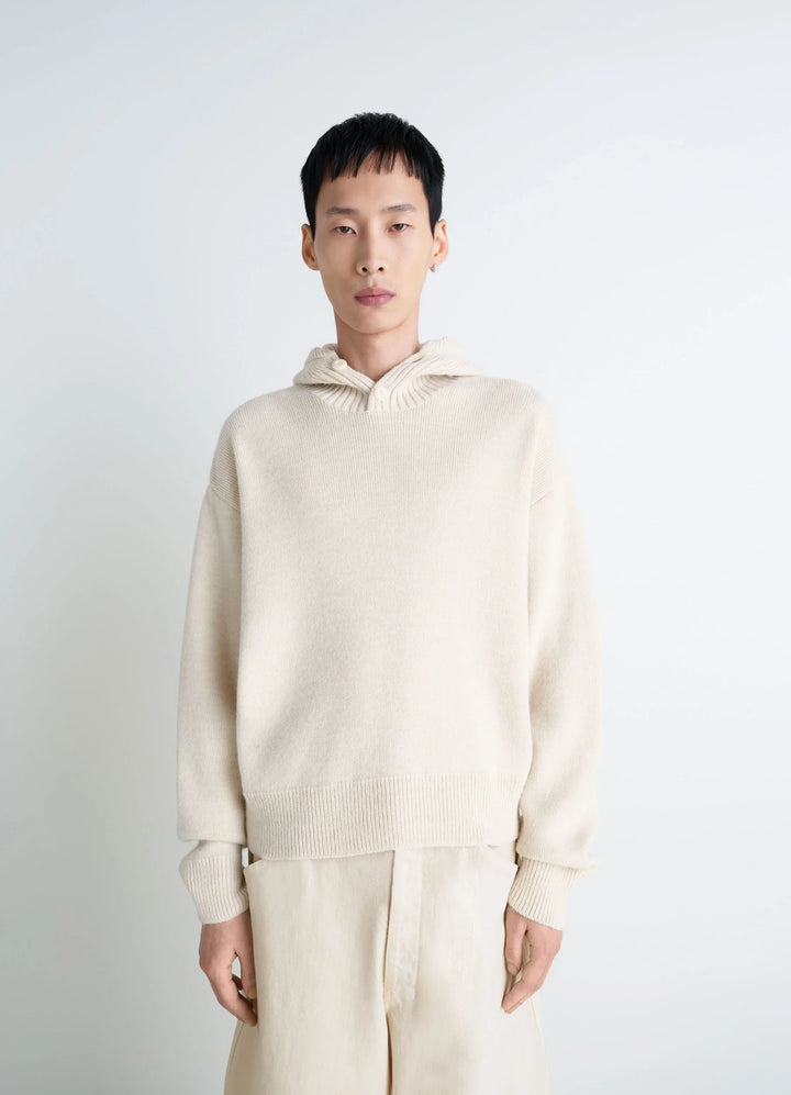 Lemaire Hooded Sweater in Cream Wool Alpaca, model shot, Front view Button-down relaxed fit
