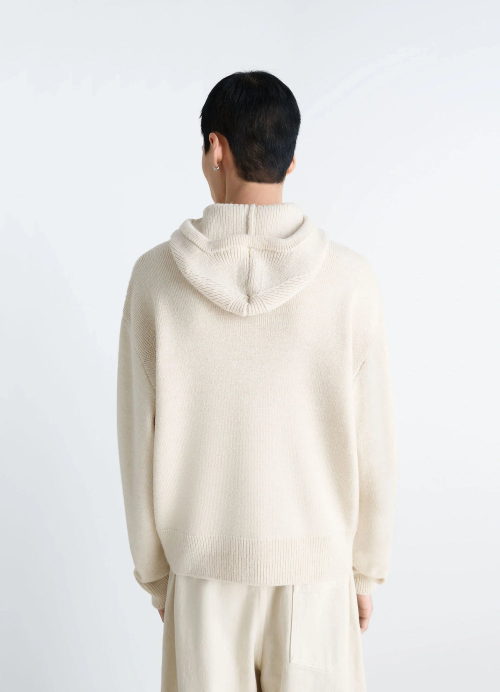 Lemaire Hooded Sweater in Cream Wool Alpaca, model shot, back view drop shoulder design