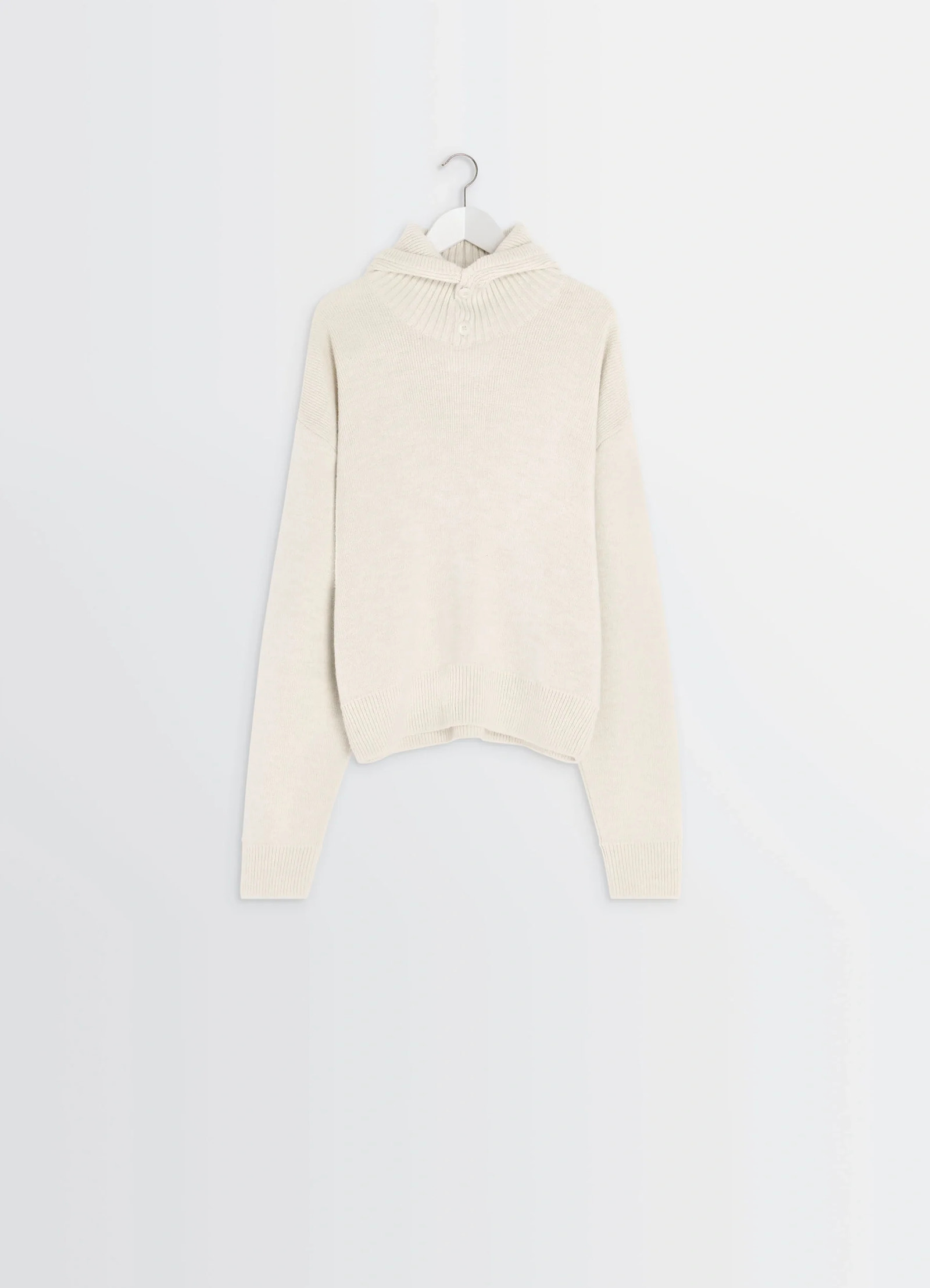 Lemaire hooded sweater in cream wool alpaca, product shot, hanging display view ribbed cuffs and hem