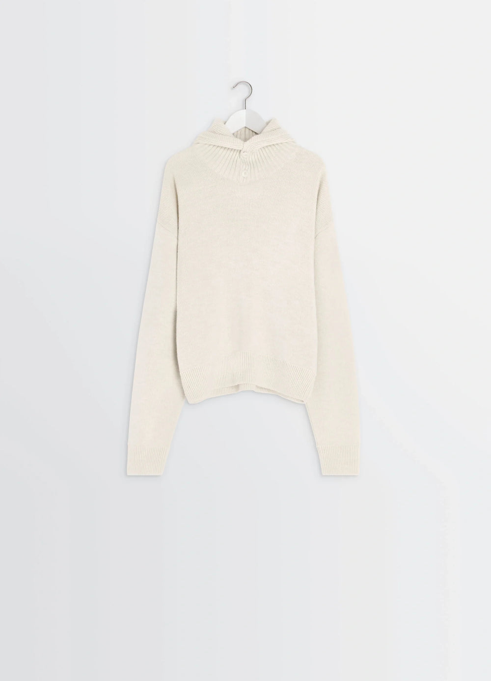 Lemaire Hooded Sweater in Cream Wool Alpaca, product shot, hanging display view ribbed cuffs and hem