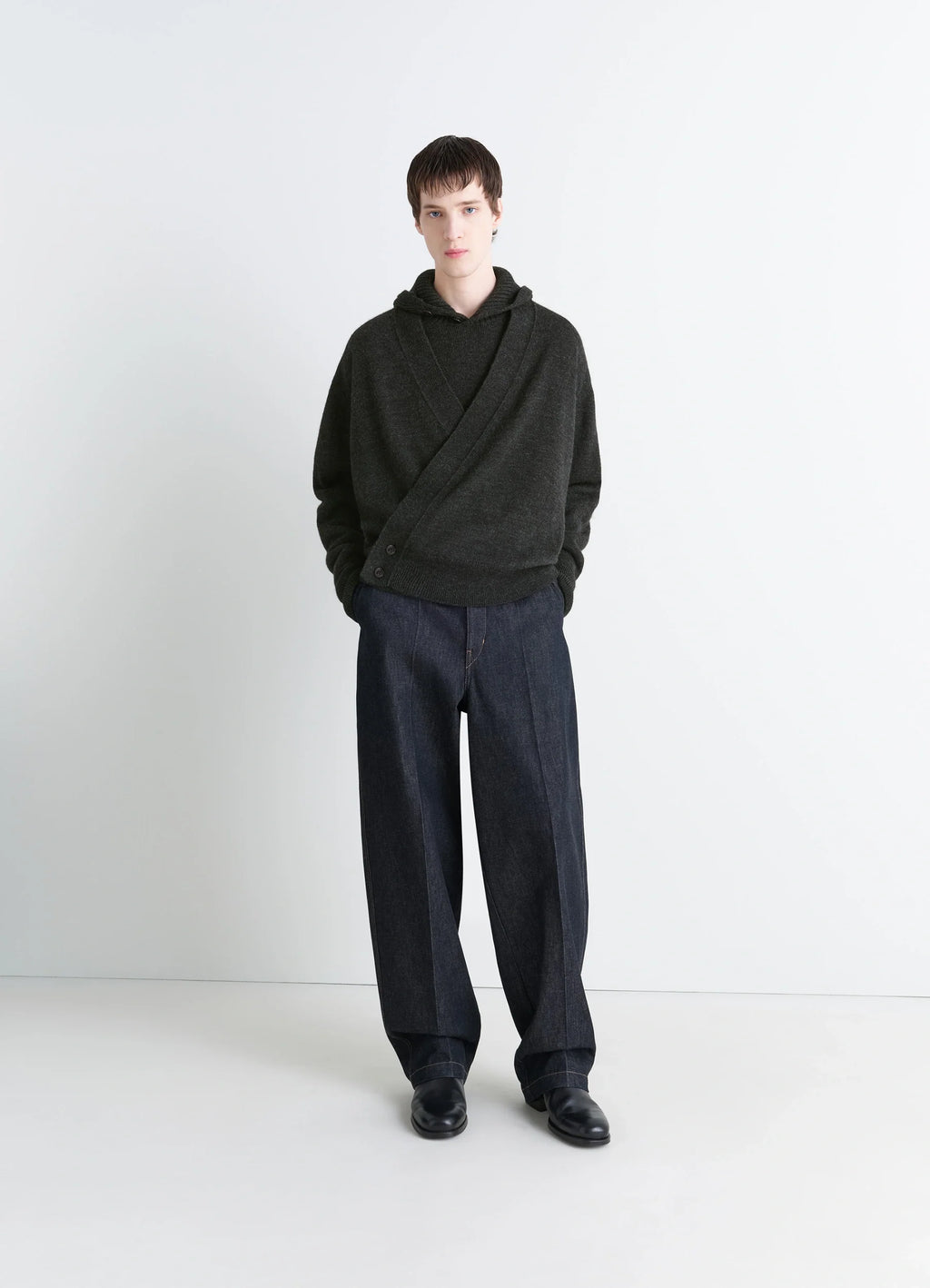 Lemaire Wrap Cardigan in Dark Wool Alpaca Blend, model shot, full front view oversized fit with ribbed cuffs
