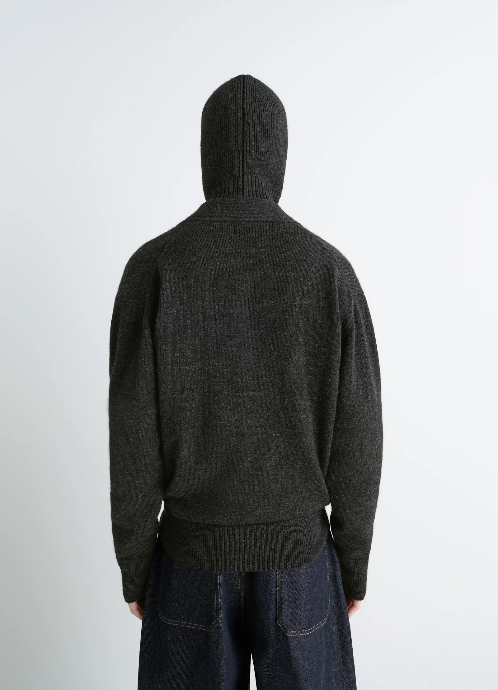 Lemaire wrap cardigan in dark wool alpaca blend, model shot, back view ribbed hem