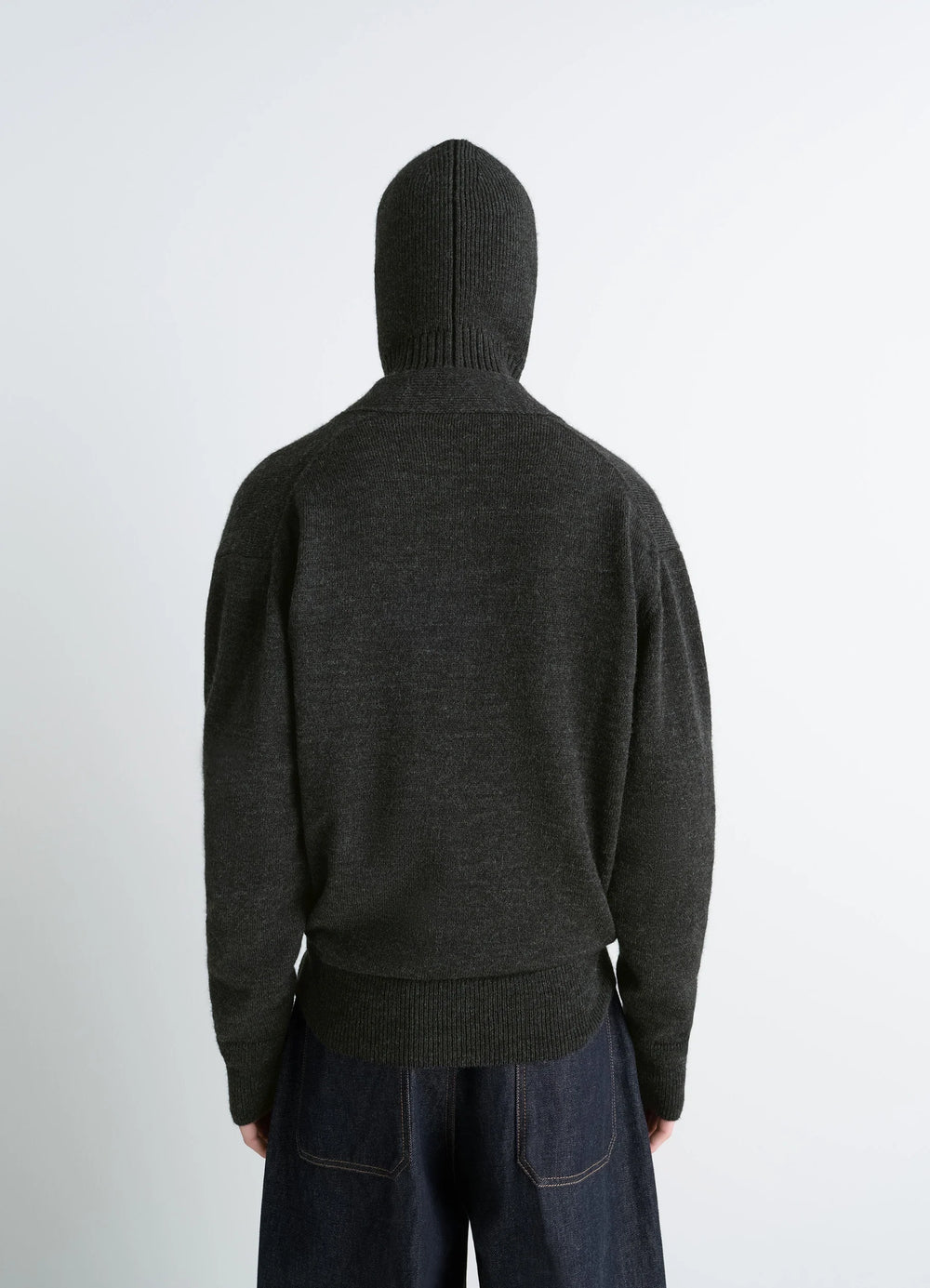 Lemaire Wrap Cardigan in Dark Wool Alpaca Blend, model shot, back view ribbed hem